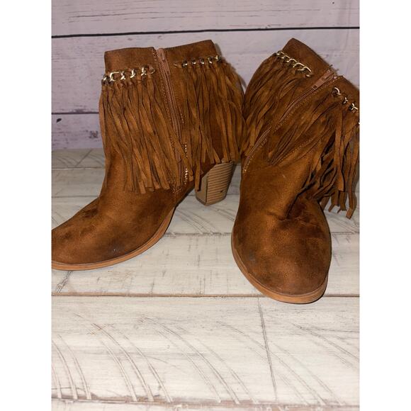 Brown Fringe Ankle Heel Boots Woman Sz 10 - Picture 1 of 7